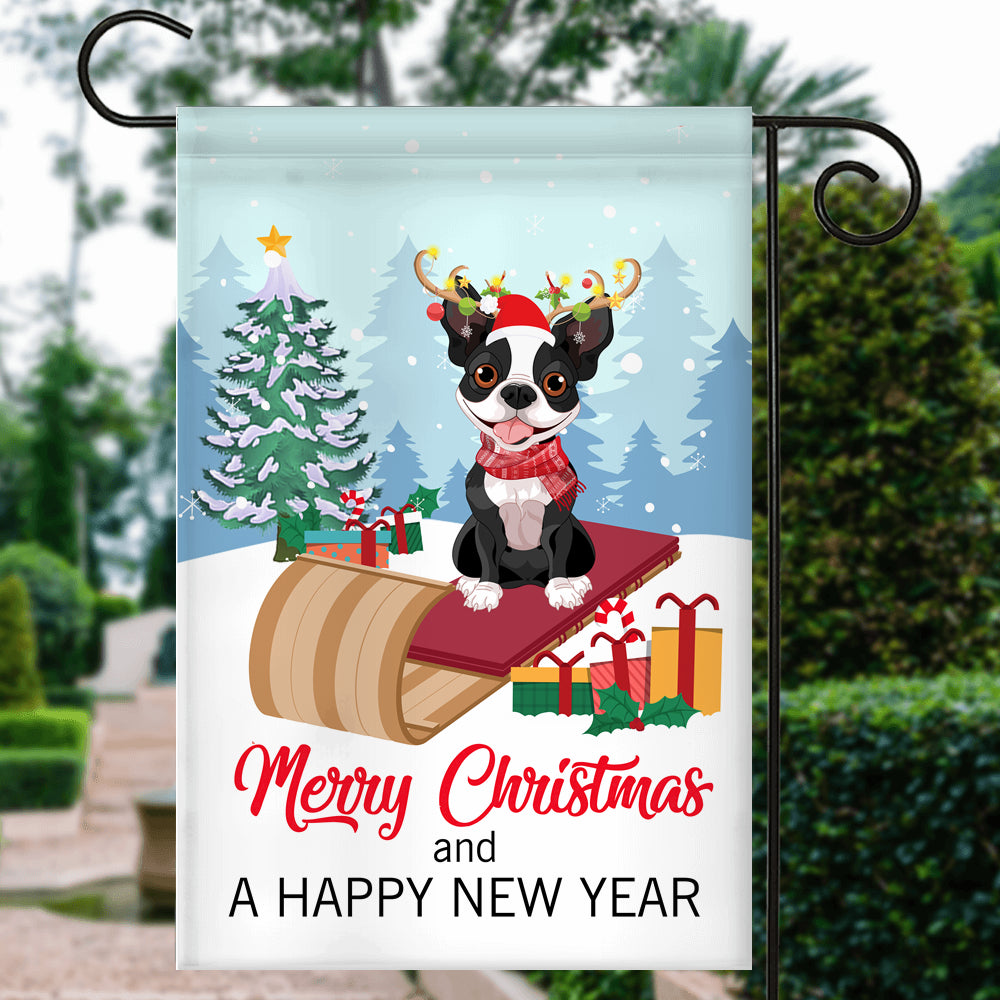 Dog Boston Terrier Christmas Flag Merry Christmas and Happy New Year Welcome Gift for Dog Lovers Flag | Teecentury.com
