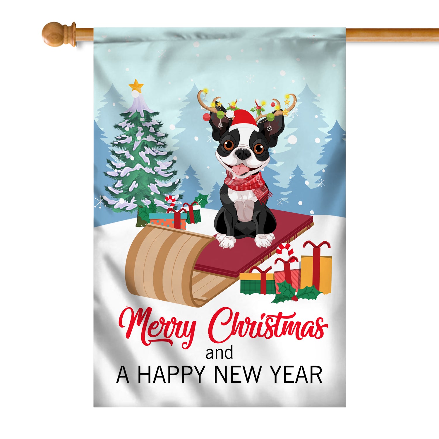 Dog Boston Terrier Christmas Flag Merry Christmas and Happy New Year Welcome Gift for Dog Lovers Flag | Teecentury.com