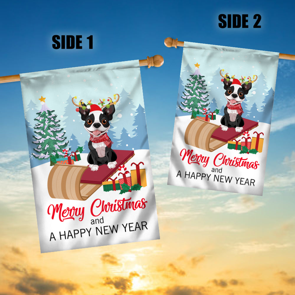 Dog Boston Terrier Christmas Flag Merry Christmas and Happy New Year Welcome Gift for Dog Lovers Flag | Teecentury.com