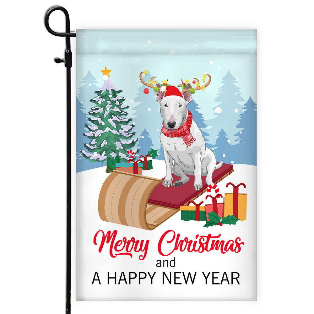 Dog Bull Terrier Christmas Flag Merry Christmas and Happy New Year Welcome Gift for Dog Lovers Flag | Teecentury.com