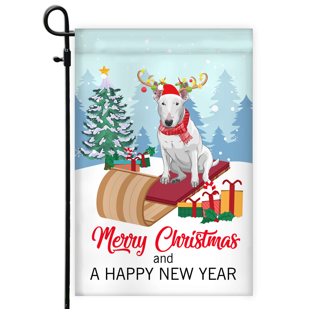 Dog Bull Terrier Christmas Flag Merry Christmas and Happy New Year Welcome Gift for Dog Lovers Flag | Teecentury.com