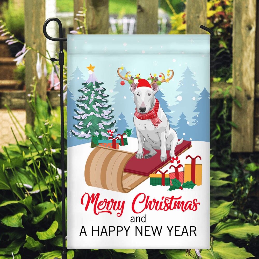 Dog Bull Terrier Christmas Flag Merry Christmas and Happy New Year Welcome Gift for Dog Lovers Flag | Teecentury.com