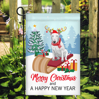 Dog Bull Terrier Christmas Flag Merry Christmas and Happy New Year Welcome Gift for Dog Lovers Flag | Teecentury.com