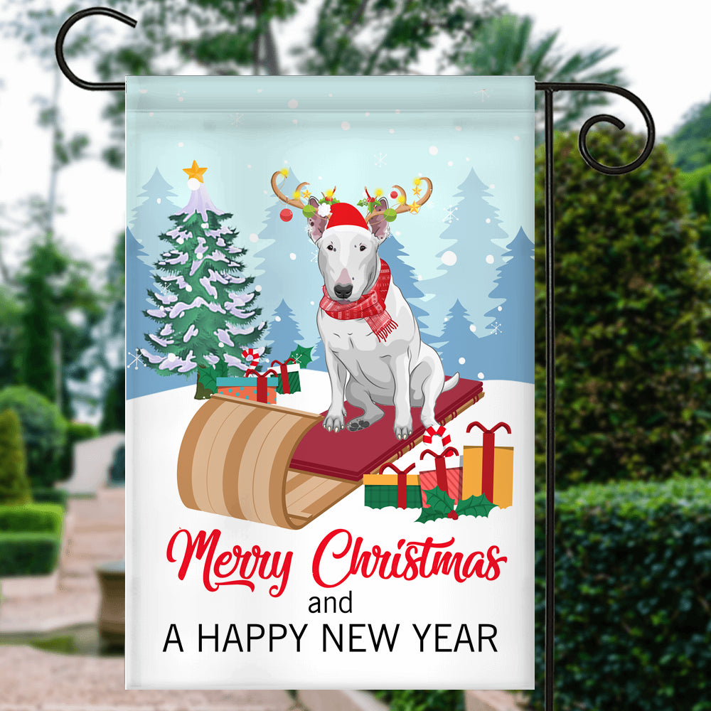 Dog Bull Terrier Christmas Flag Merry Christmas and Happy New Year Welcome Gift for Dog Lovers Flag | Teecentury.com