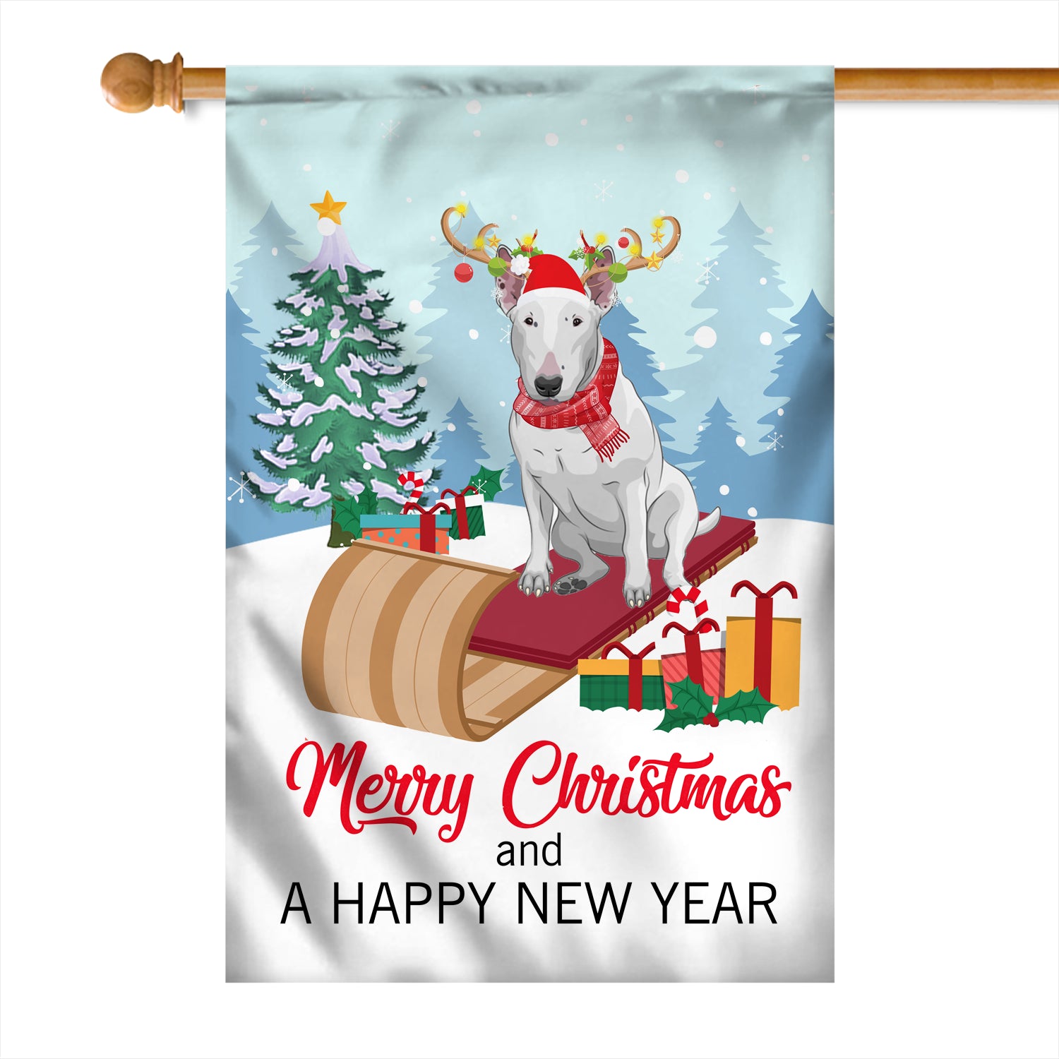 Dog Bull Terrier Christmas Flag Merry Christmas and Happy New Year Welcome Gift for Dog Lovers Flag | Teecentury.com