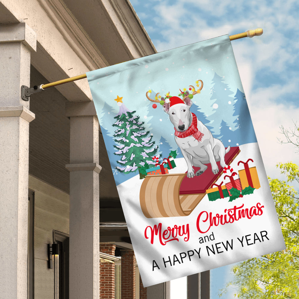 Dog Bull Terrier Christmas Flag Merry Christmas and Happy New Year Welcome Gift for Dog Lovers Flag | Teecentury.com