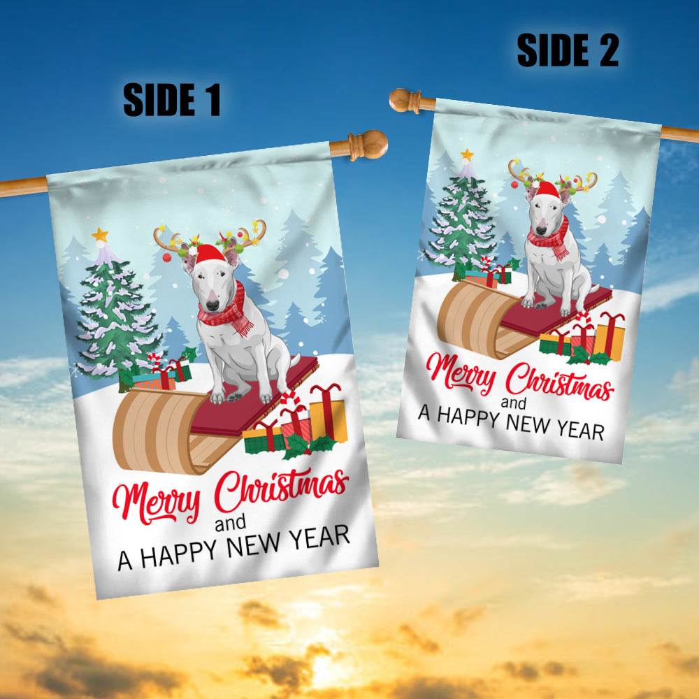 Dog Bull Terrier Christmas Flag Merry Christmas and Happy New Year Welcome Gift for Dog Lovers Flag | Teecentury.com