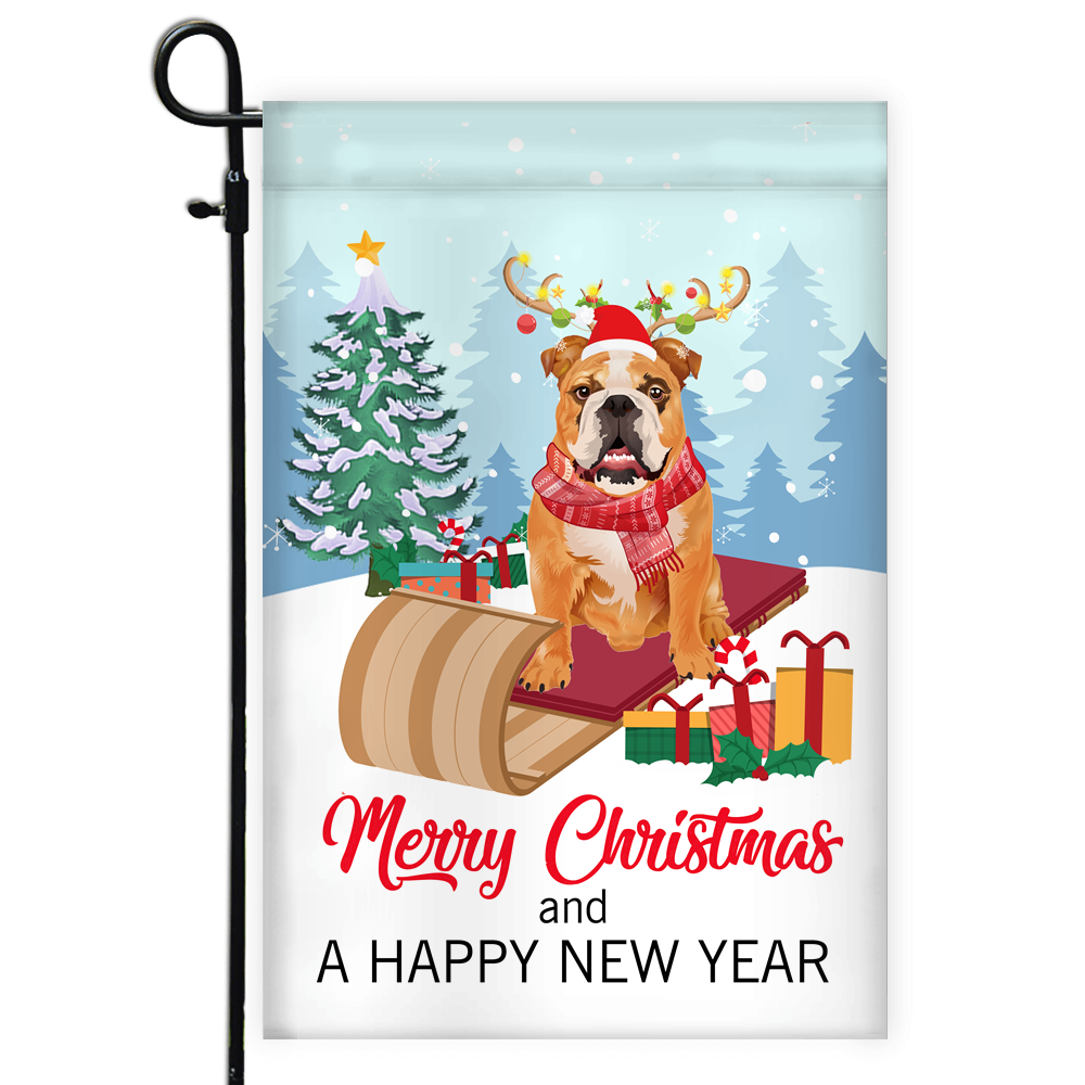 Dog Bulldog Christmas Flag Merry Christmas and Happy New Year Welcome Gift for Dog Lovers Flag | Teecentury.com