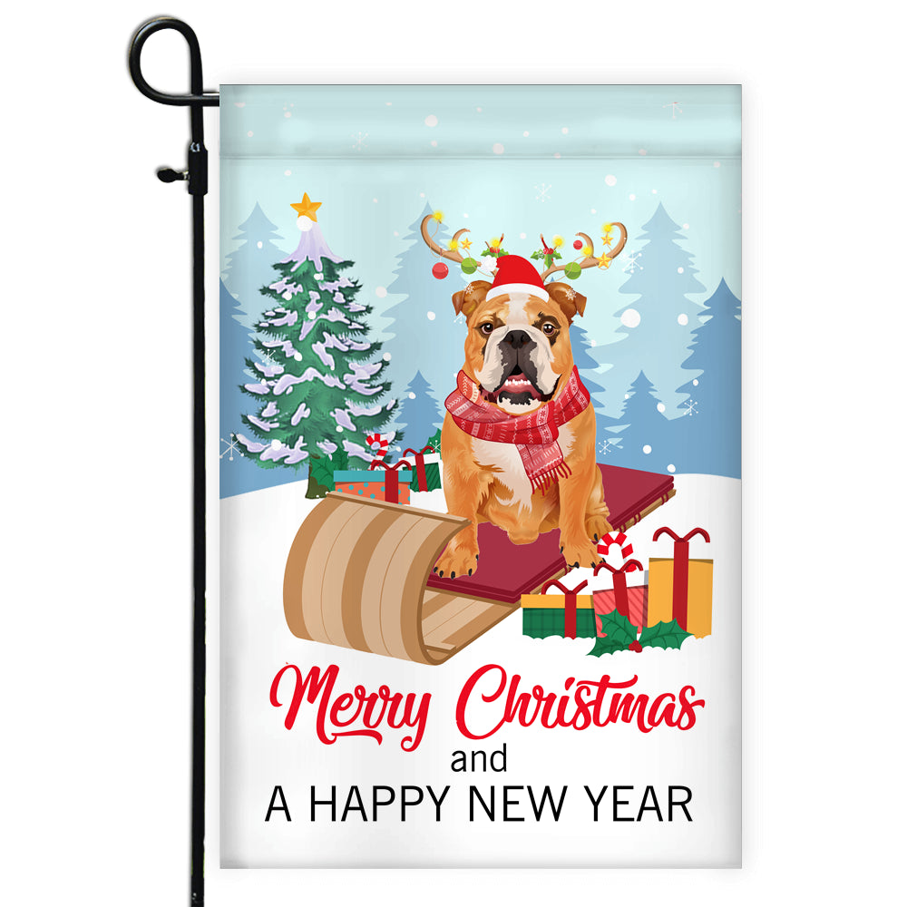 Dog Bulldog Christmas Flag Merry Christmas and Happy New Year Welcome Gift for Dog Lovers Flag | Teecentury.com