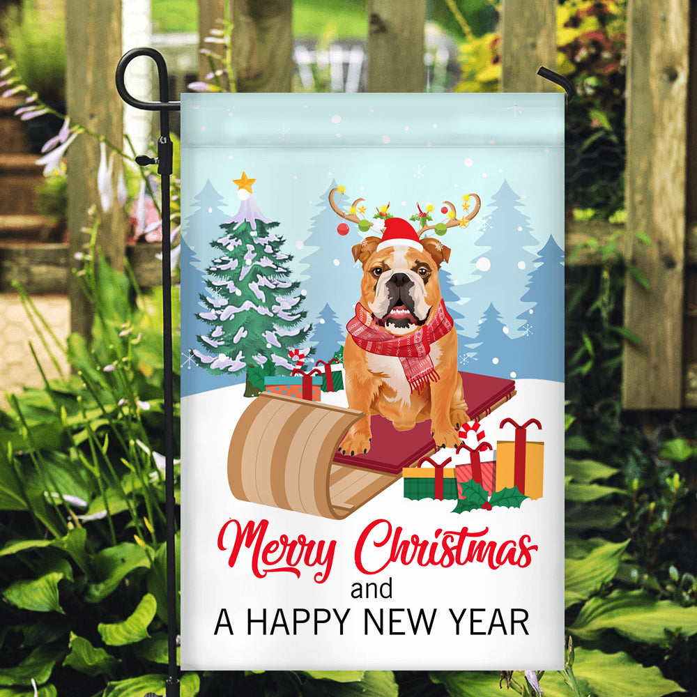 Dog Bulldog Christmas Flag Merry Christmas and Happy New Year Welcome Gift for Dog Lovers Flag | Teecentury.com