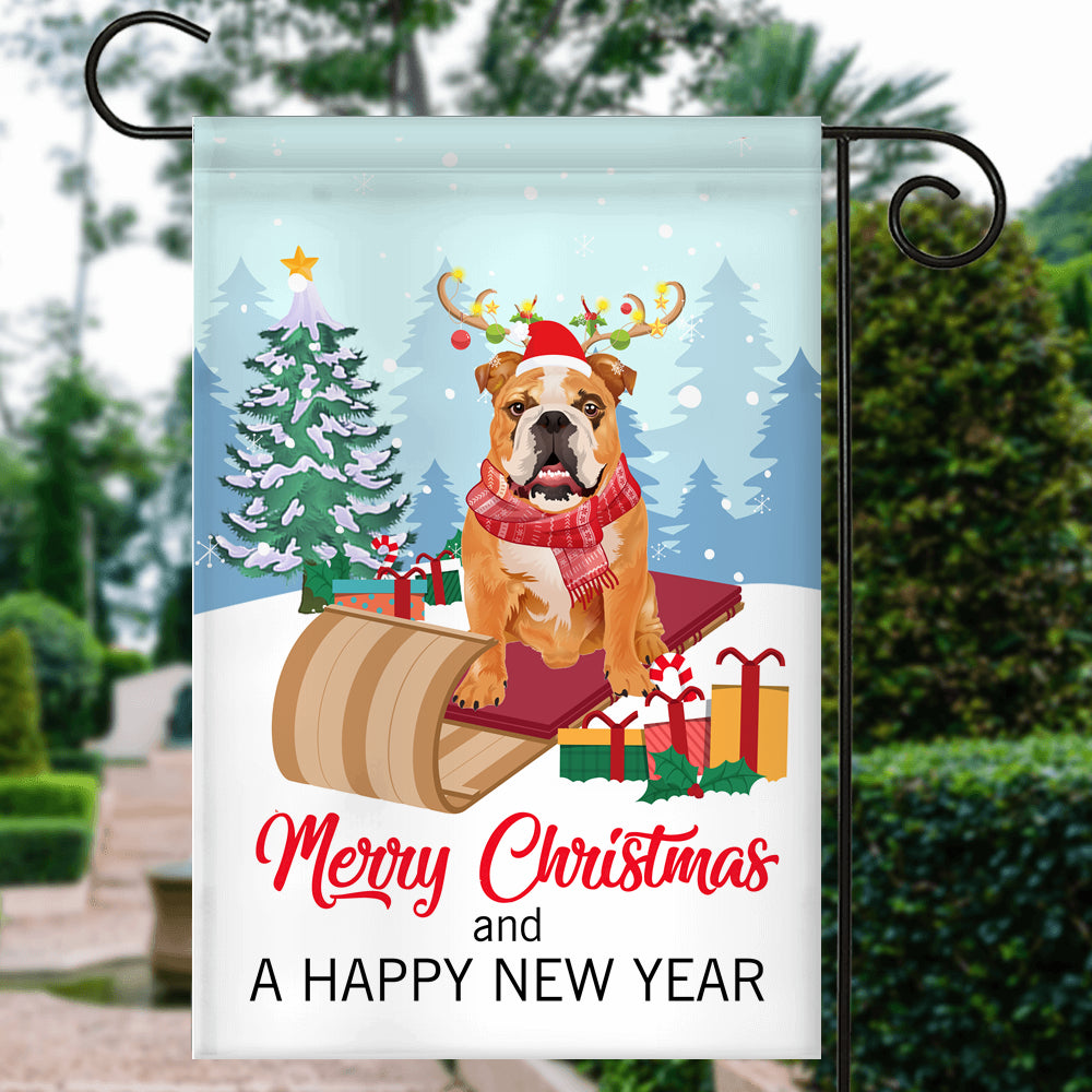 Dog Bulldog Christmas Flag Merry Christmas and Happy New Year Welcome Gift for Dog Lovers Flag | Teecentury.com