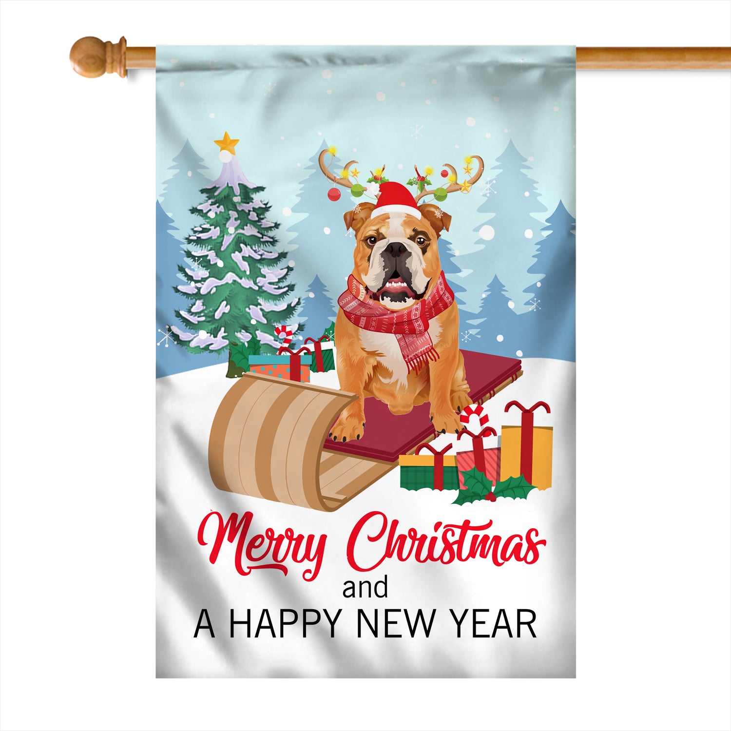 Dog Bulldog Christmas Flag Merry Christmas and Happy New Year Welcome Gift for Dog Lovers Flag | Teecentury.com