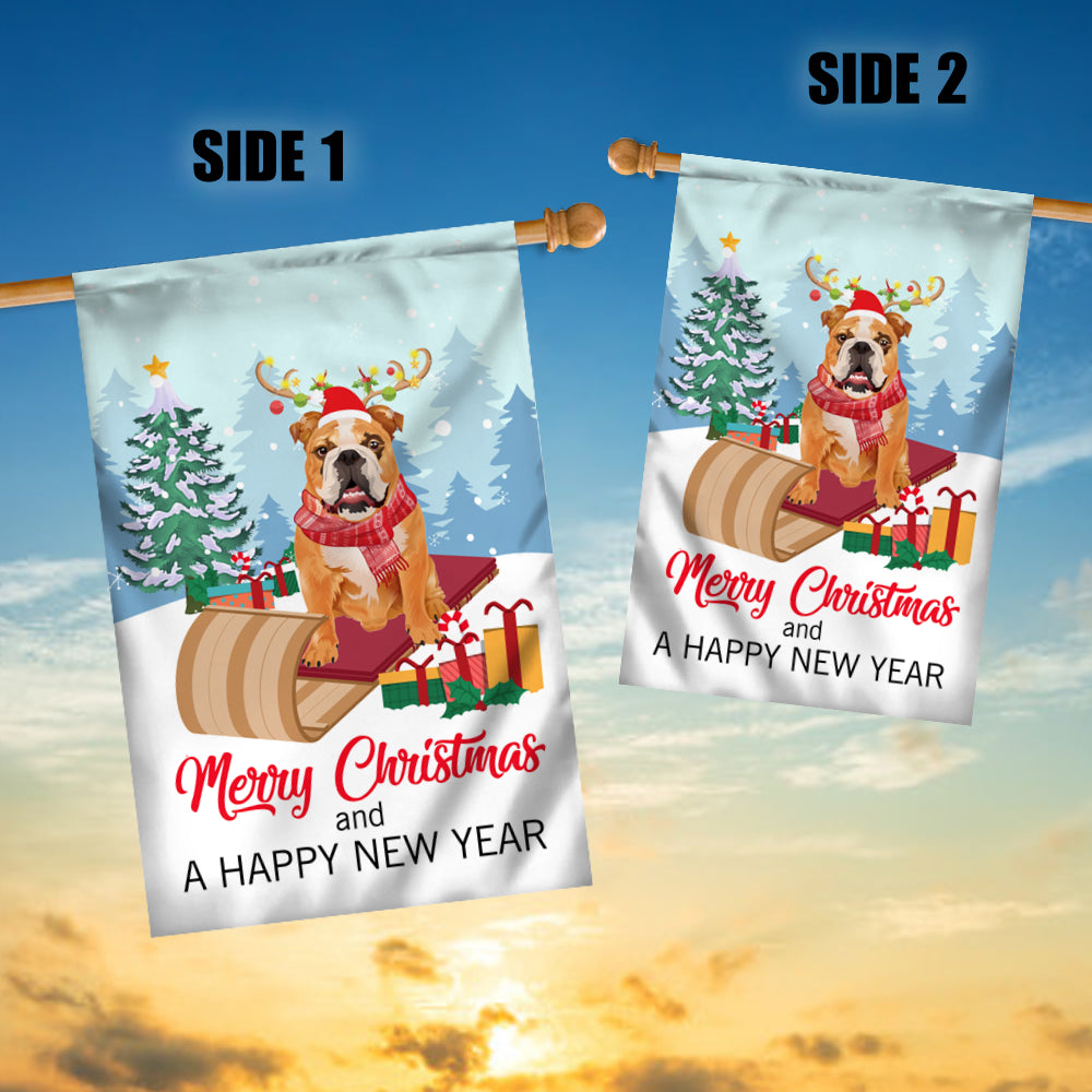 Dog Bulldog Christmas Flag Merry Christmas and Happy New Year Welcome Gift for Dog Lovers Flag | Teecentury.com