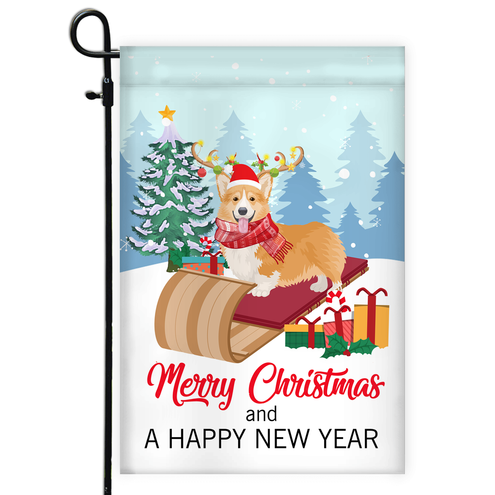 Dog Corgi Christmas Flag Merry Christmas and Happy New Year Welcome Gift for Dog Lovers Flag | Teecentury.com