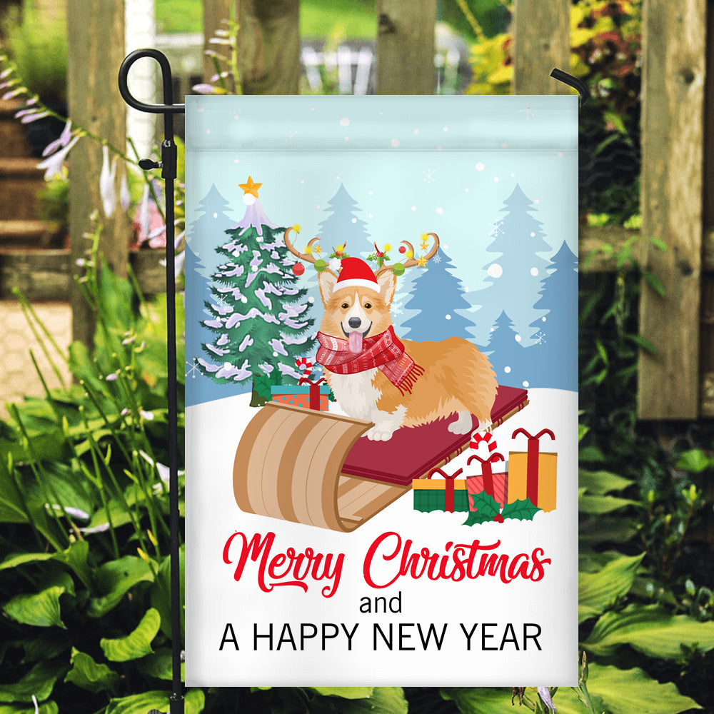 Dog Corgi Christmas Flag Merry Christmas and Happy New Year Welcome Gift for Dog Lovers Flag | Teecentury.com