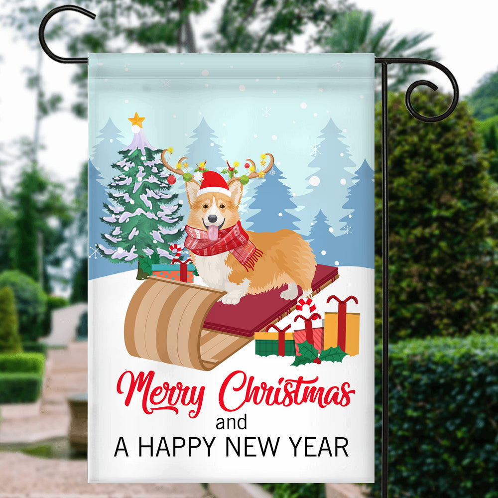 Dog Corgi Christmas Flag Merry Christmas and Happy New Year Welcome Gift for Dog Lovers Flag | Teecentury.com