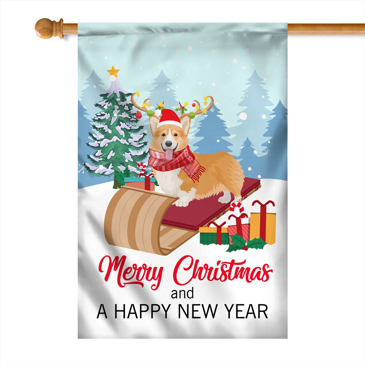 Dog Corgi Christmas Flag Merry Christmas and Happy New Year Welcome Gift for Dog Lovers Flag | Teecentury.com