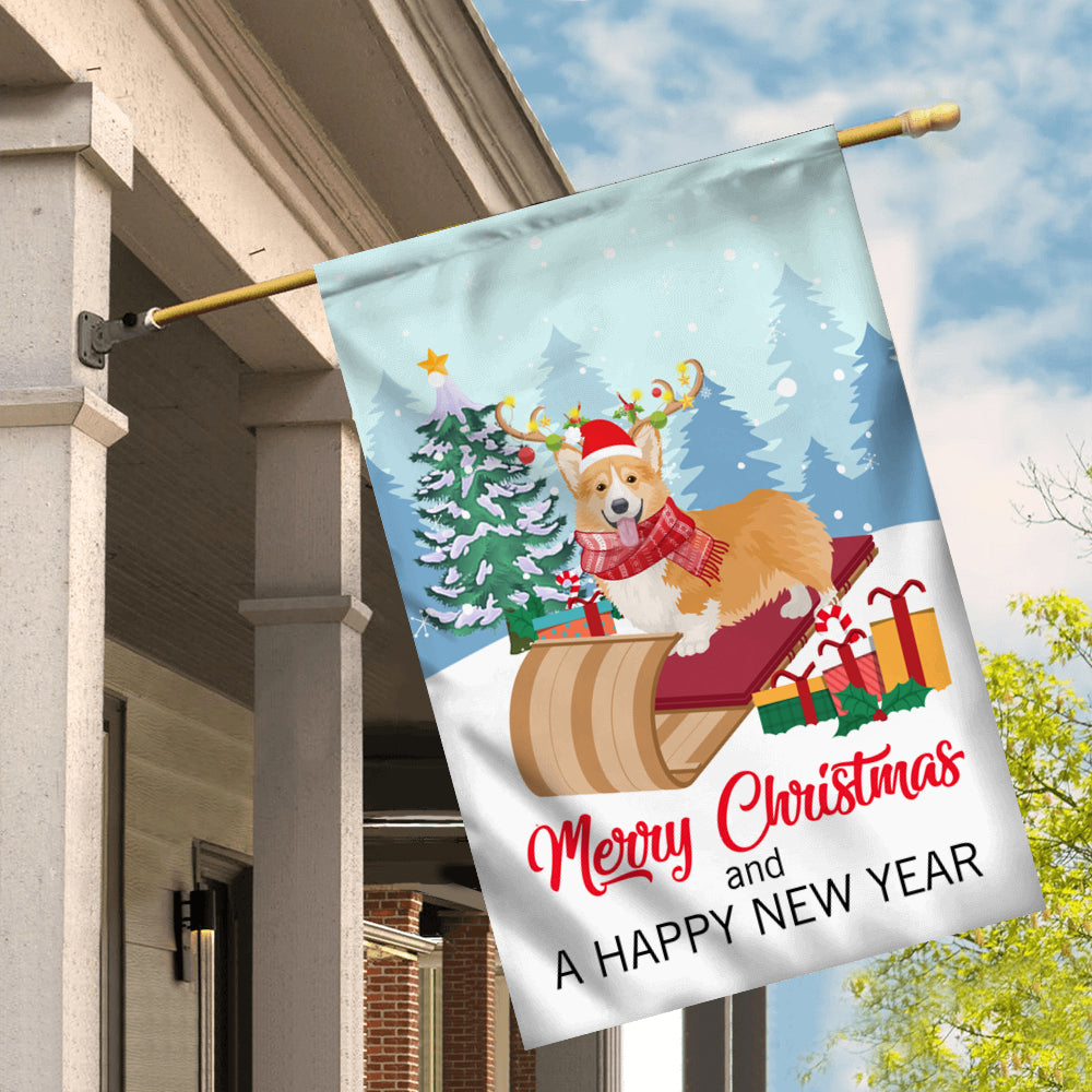 Dog Corgi Christmas Flag Merry Christmas and Happy New Year Welcome Gift for Dog Lovers Flag | Teecentury.com