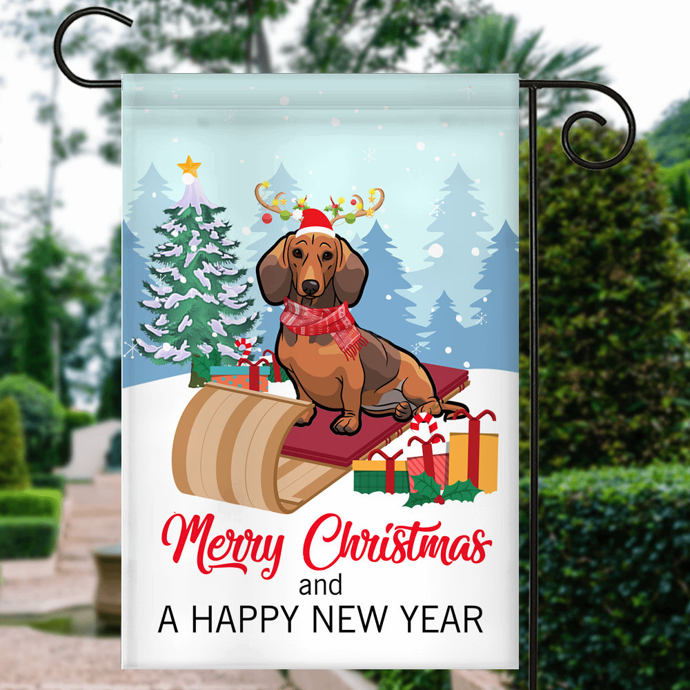 Dog Dachshund Christmas Flag Merry Christmas and Happy New Year Welcome Gift for Dog Lovers Flag | Teecentury.com