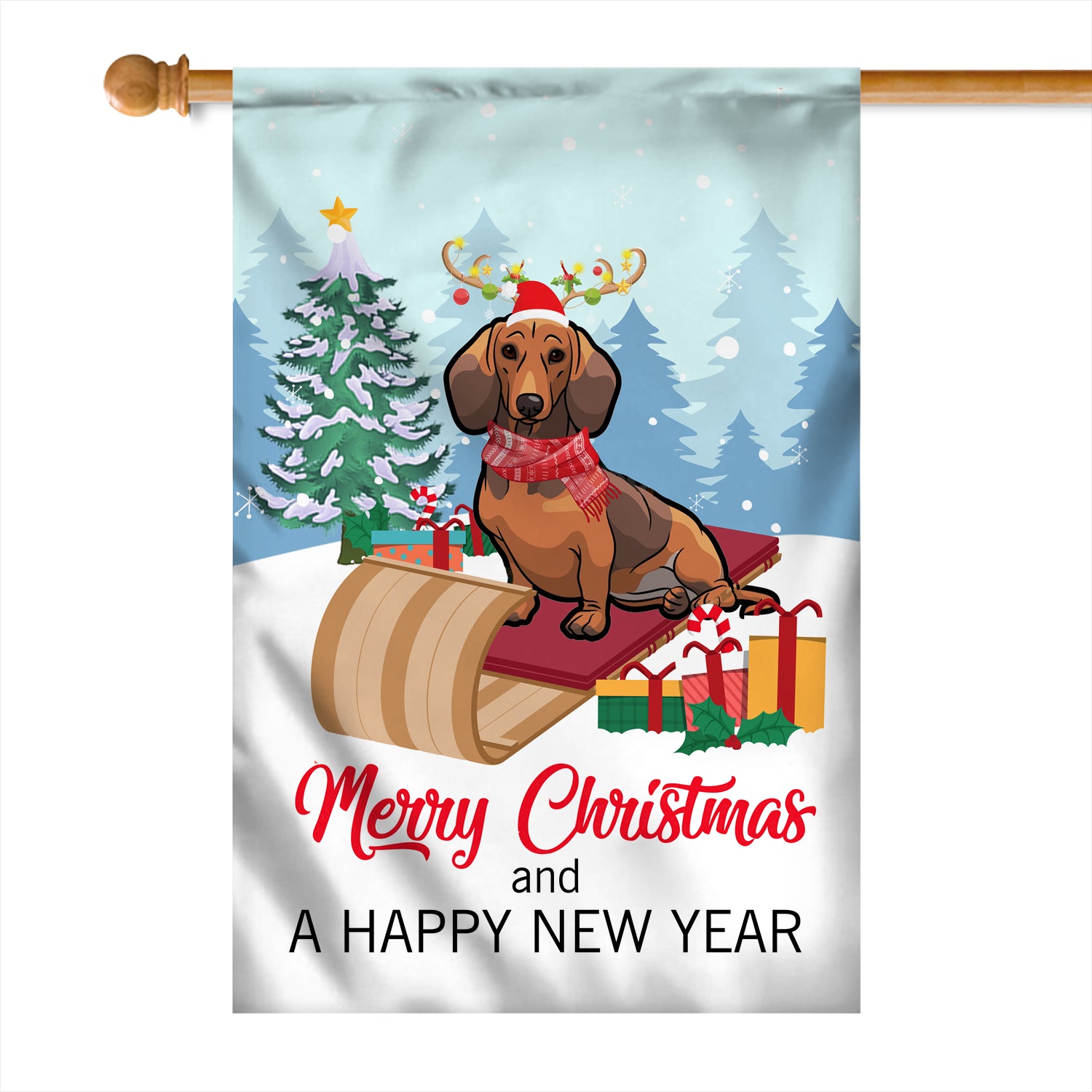 Dog Dachshund Christmas Flag Merry Christmas and Happy New Year Welcome Gift for Dog Lovers Flag | Teecentury.com