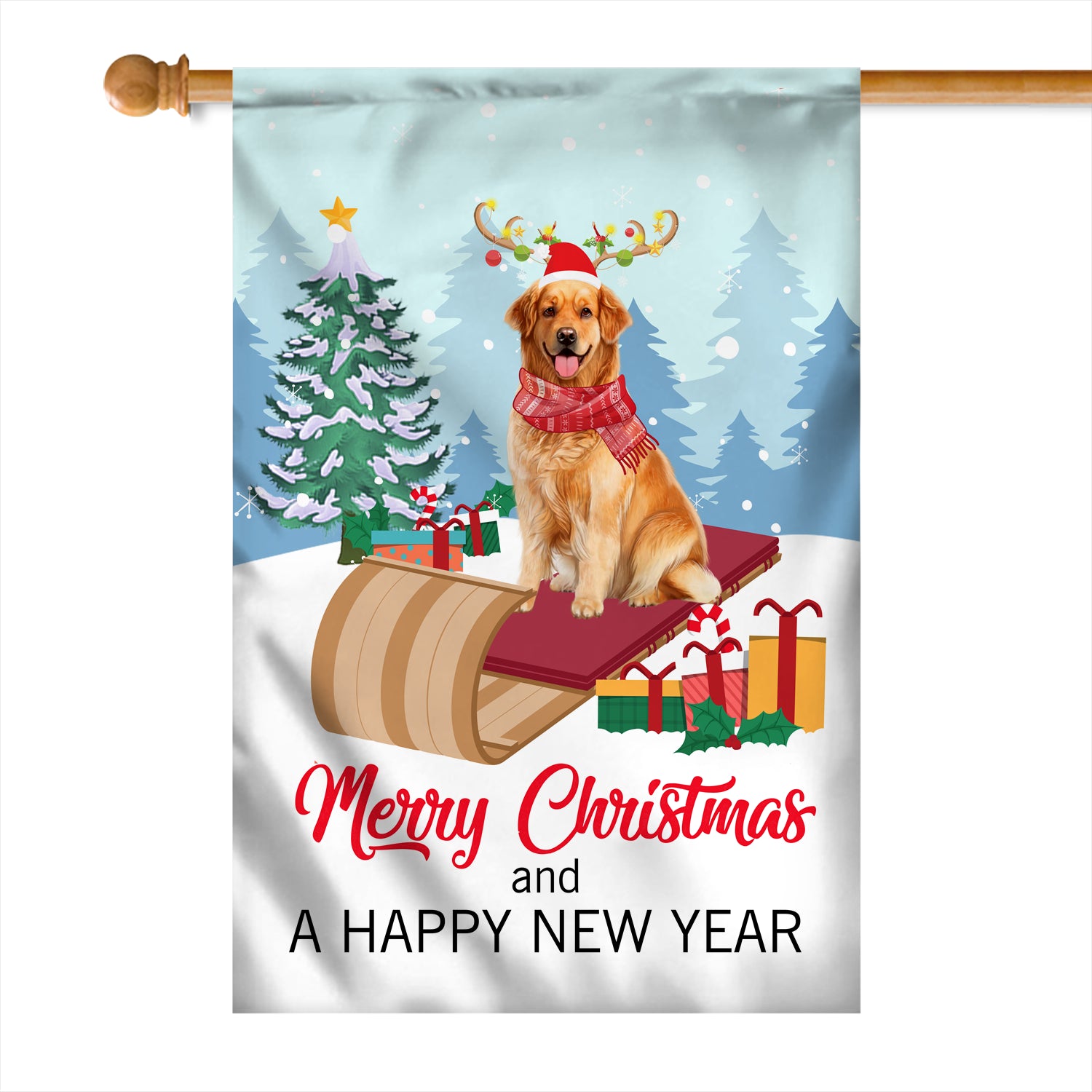 Dog Golden Retriever Christmas Flag Merry Christmas and Happy New Year Welcome Gift for Dog Lovers Flag | Teecentury.com
