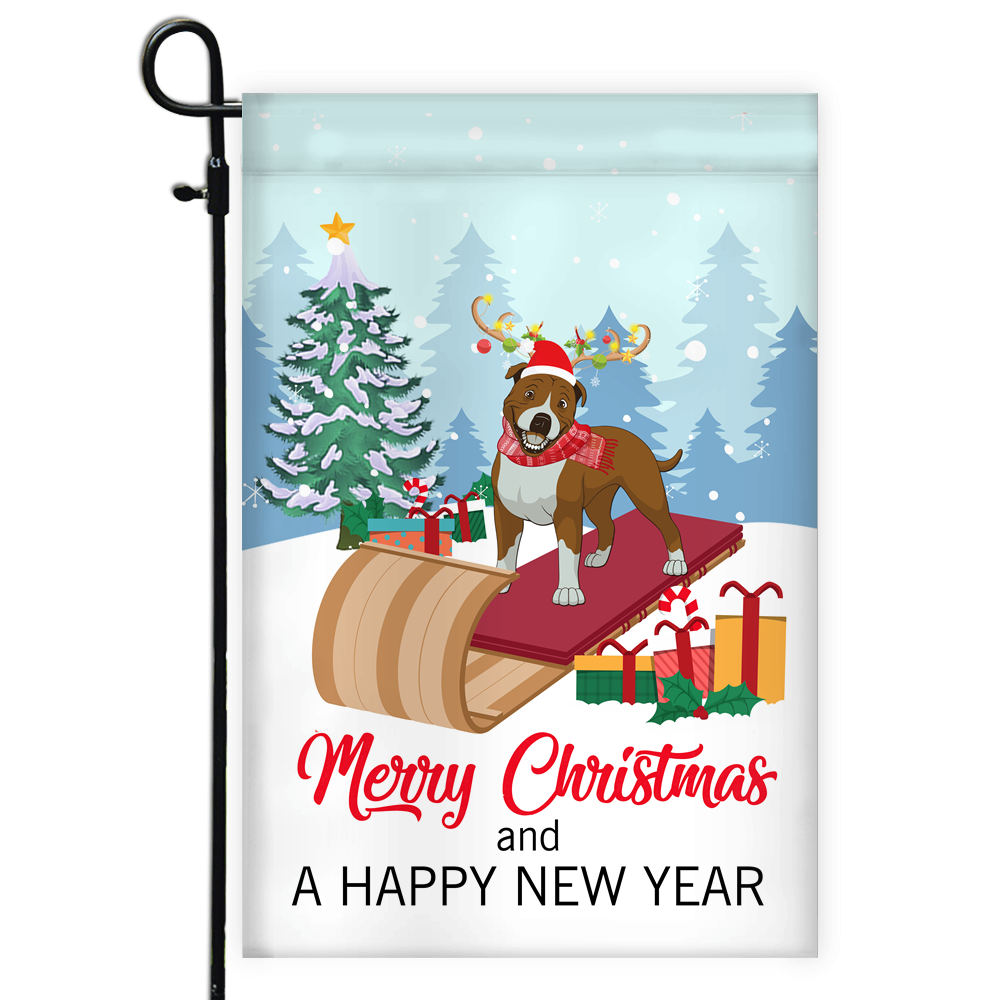 Dog Pitbull Christmas Flag Merry Christmas and Happy New Year Welcome Gift for Dog Lovers Flag | Teecentury.com