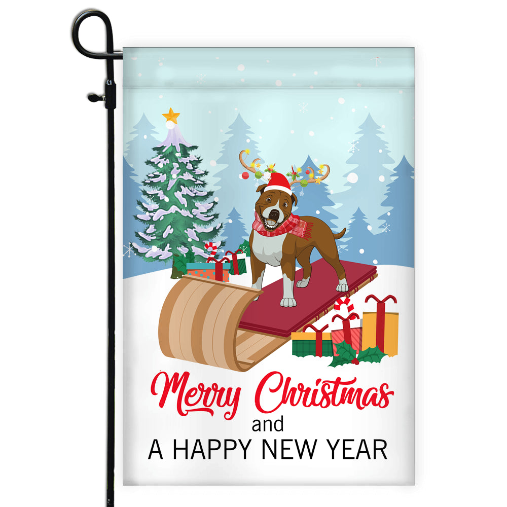Dog Pitbull Christmas Flag Merry Christmas and Happy New Year Welcome Gift for Dog Lovers Flag | Teecentury.com