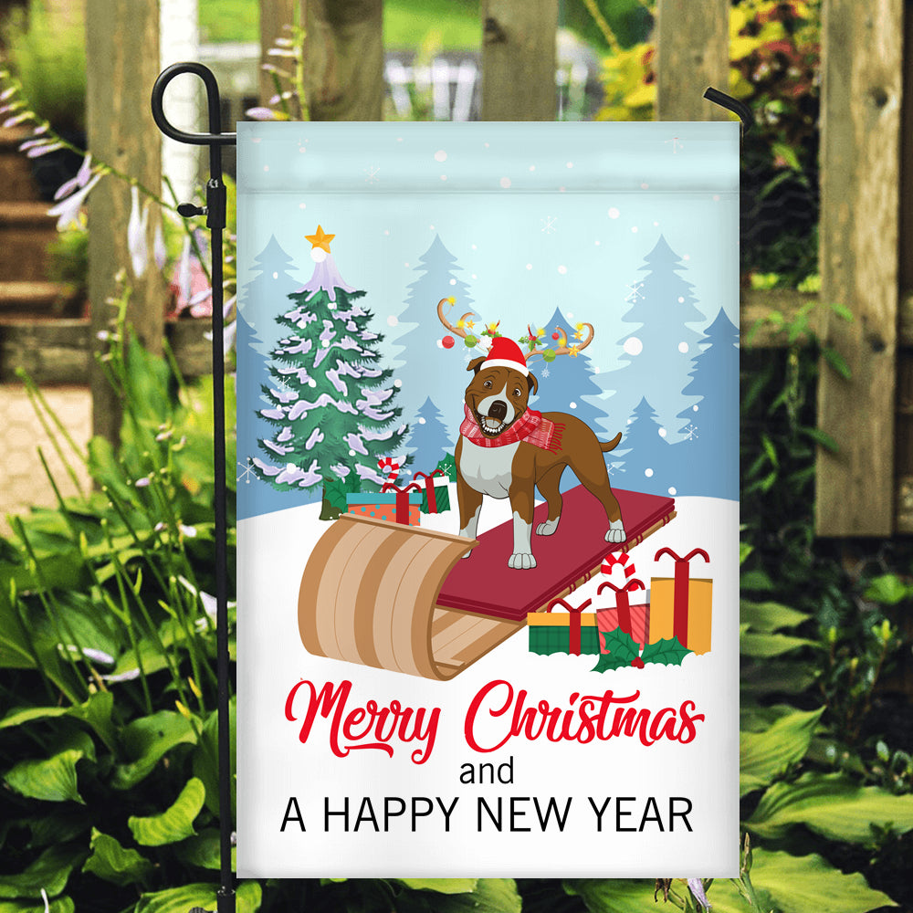 Dog Pitbull Christmas Flag Merry Christmas and Happy New Year Welcome Gift for Dog Lovers Flag | Teecentury.com