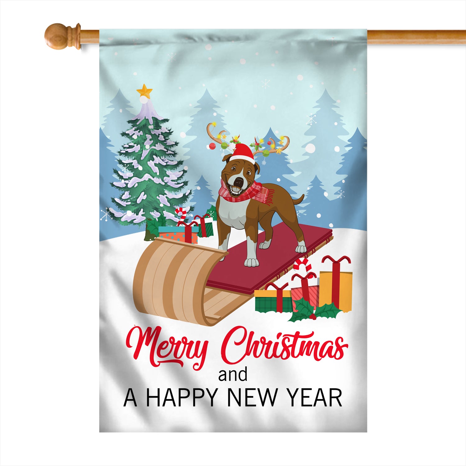 Dog Pitbull Christmas Flag Merry Christmas and Happy New Year Welcome Gift for Dog Lovers Flag | Teecentury.com