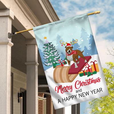 Dog Pitbull Christmas Flag Merry Christmas and Happy New Year Welcome Gift for Dog Lovers Flag | Teecentury.com