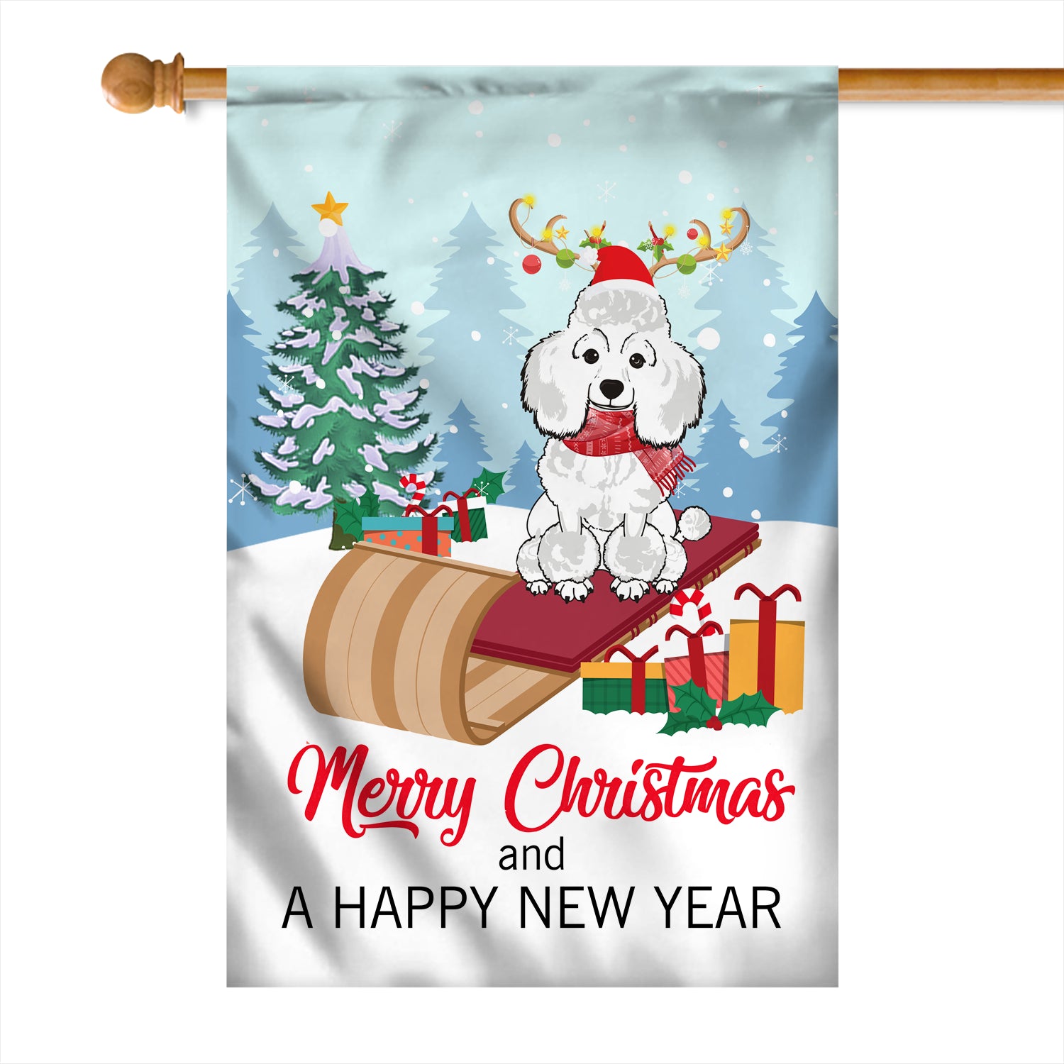 Dog Poodle Christmas Flag Merry Christmas and Happy New Year Welcome Gift for Dog Lovers Flag | Teecentury.com