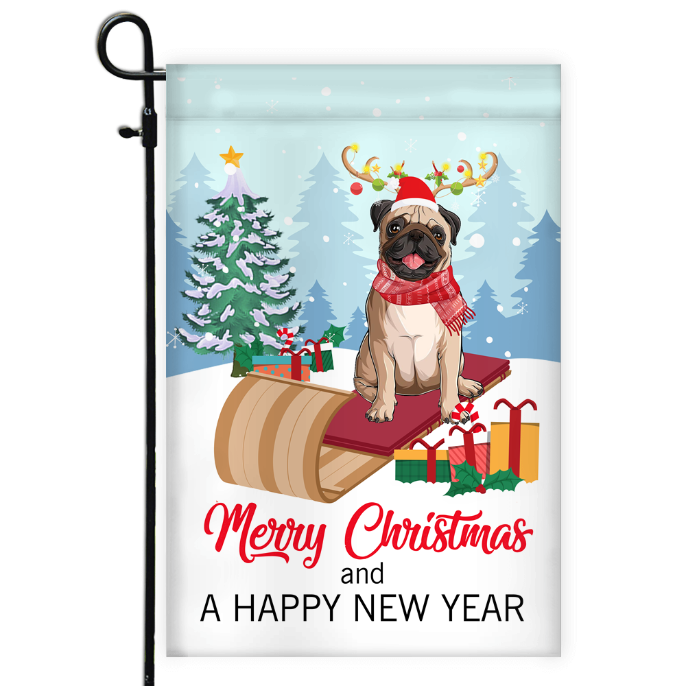 Dog Pug Christmas Flag Merry Christmas and Happy New Year Welcome Gift for Dog Lovers Flag | Teecentury.com