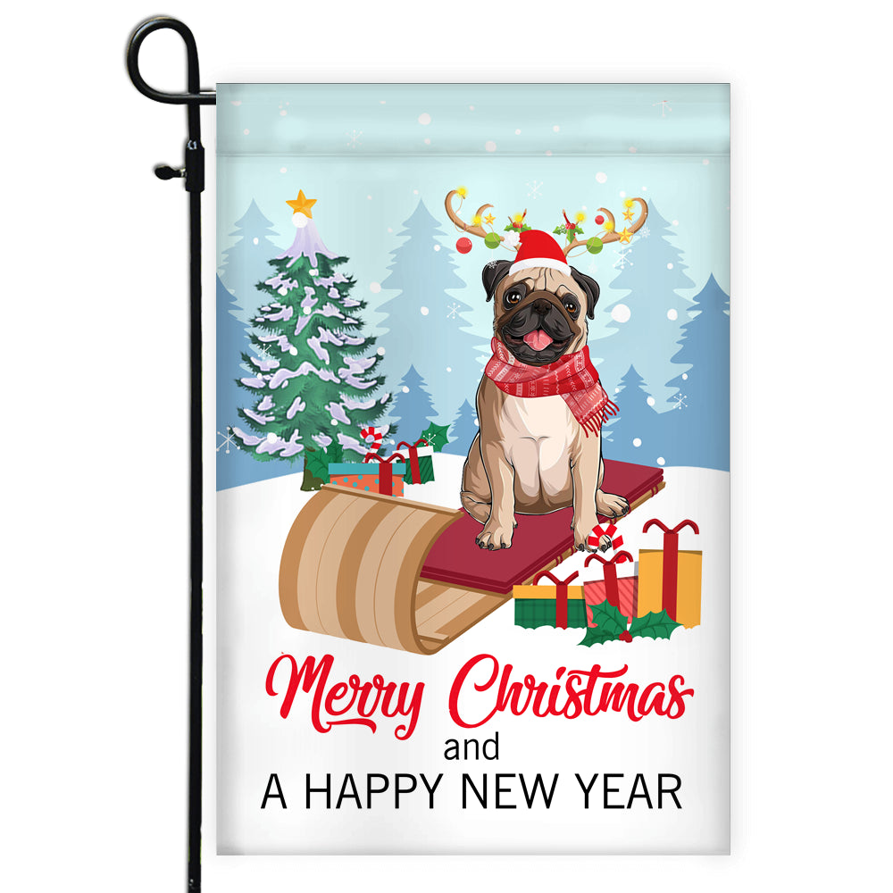 Dog Pug Christmas Flag Merry Christmas and Happy New Year Welcome Gift for Dog Lovers Flag | Teecentury.com