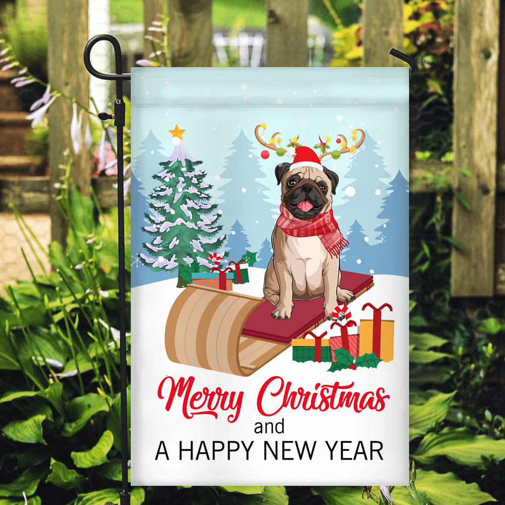 Dog Pug Christmas Flag Merry Christmas and Happy New Year Welcome Gift for Dog Lovers Flag | Teecentury.com
