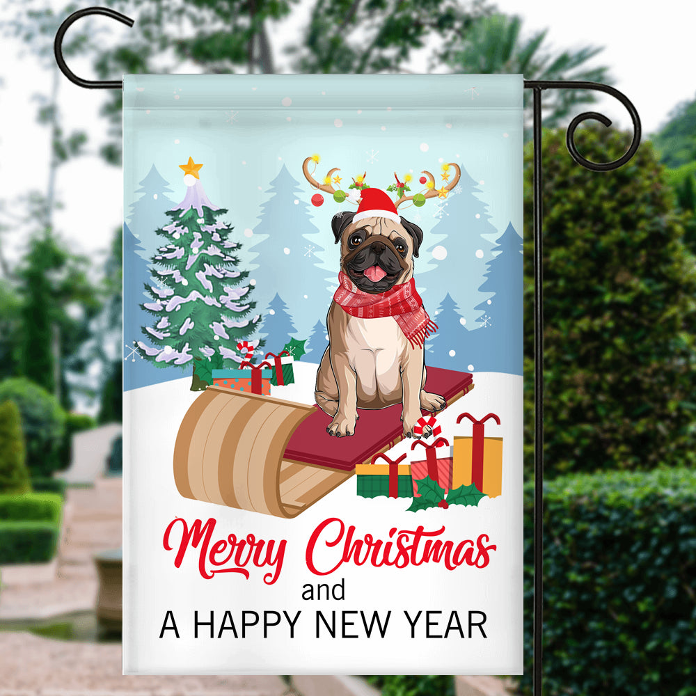 Dog Pug Christmas Flag Merry Christmas and Happy New Year Welcome Gift for Dog Lovers Flag | Teecentury.com