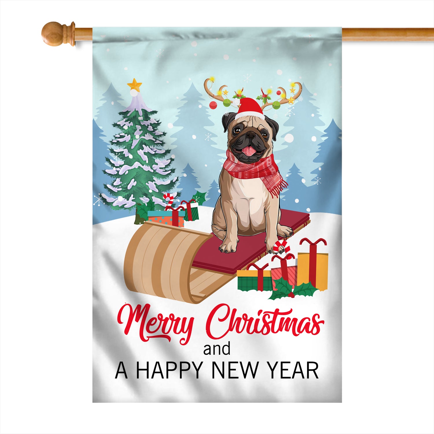 Dog Pug Christmas Flag Merry Christmas and Happy New Year Welcome Gift for Dog Lovers Flag | Teecentury.com