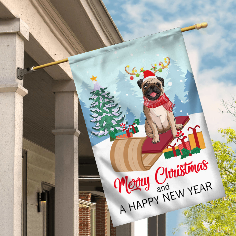 Dog Pug Christmas Flag Merry Christmas and Happy New Year Welcome Gift for Dog Lovers Flag | Teecentury.com