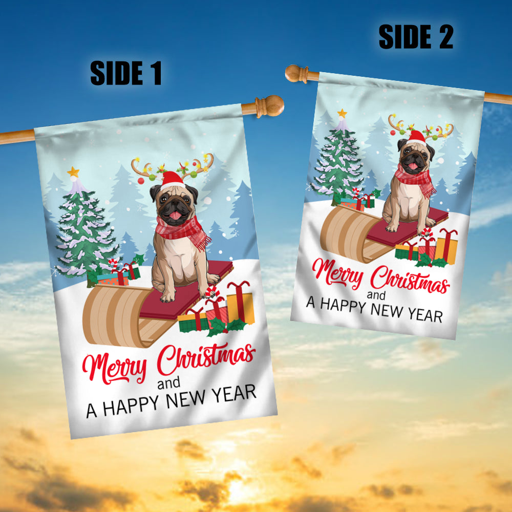 Dog Pug Christmas Flag Merry Christmas and Happy New Year Welcome Gift for Dog Lovers Flag | Teecentury.com