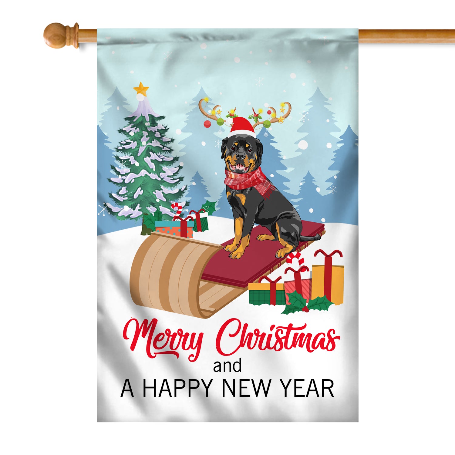 Dog Rottweiler Christmas Flag Merry Christmas and Happy New Year Welcome Gift for Dog Lovers Flag | Teecentury.com