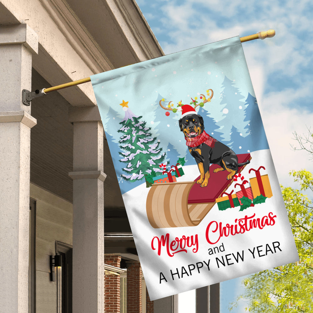 Dog Rottweiler Christmas Flag Merry Christmas and Happy New Year Welcome Gift for Dog Lovers Flag | Teecentury.com