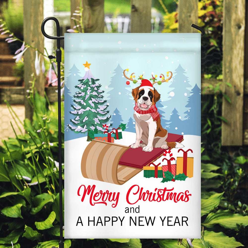 Dog Saint Bernard Christmas Flag Merry Christmas and Happy New Year Welcome Gift for Dog Lovers Flag | Teecentury.com