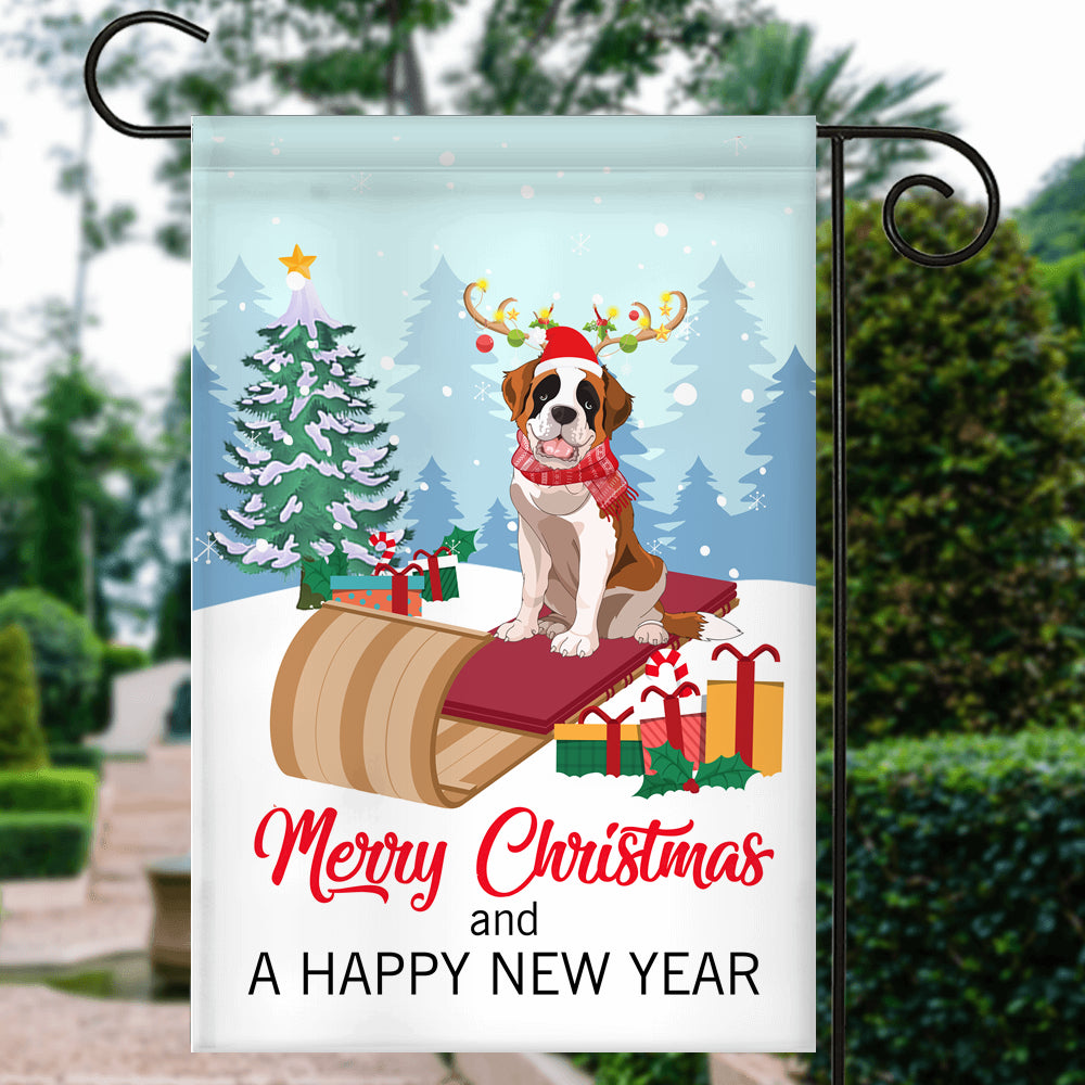 Dog Saint Bernard Christmas Flag Merry Christmas and Happy New Year Welcome Gift for Dog Lovers Flag | Teecentury.com