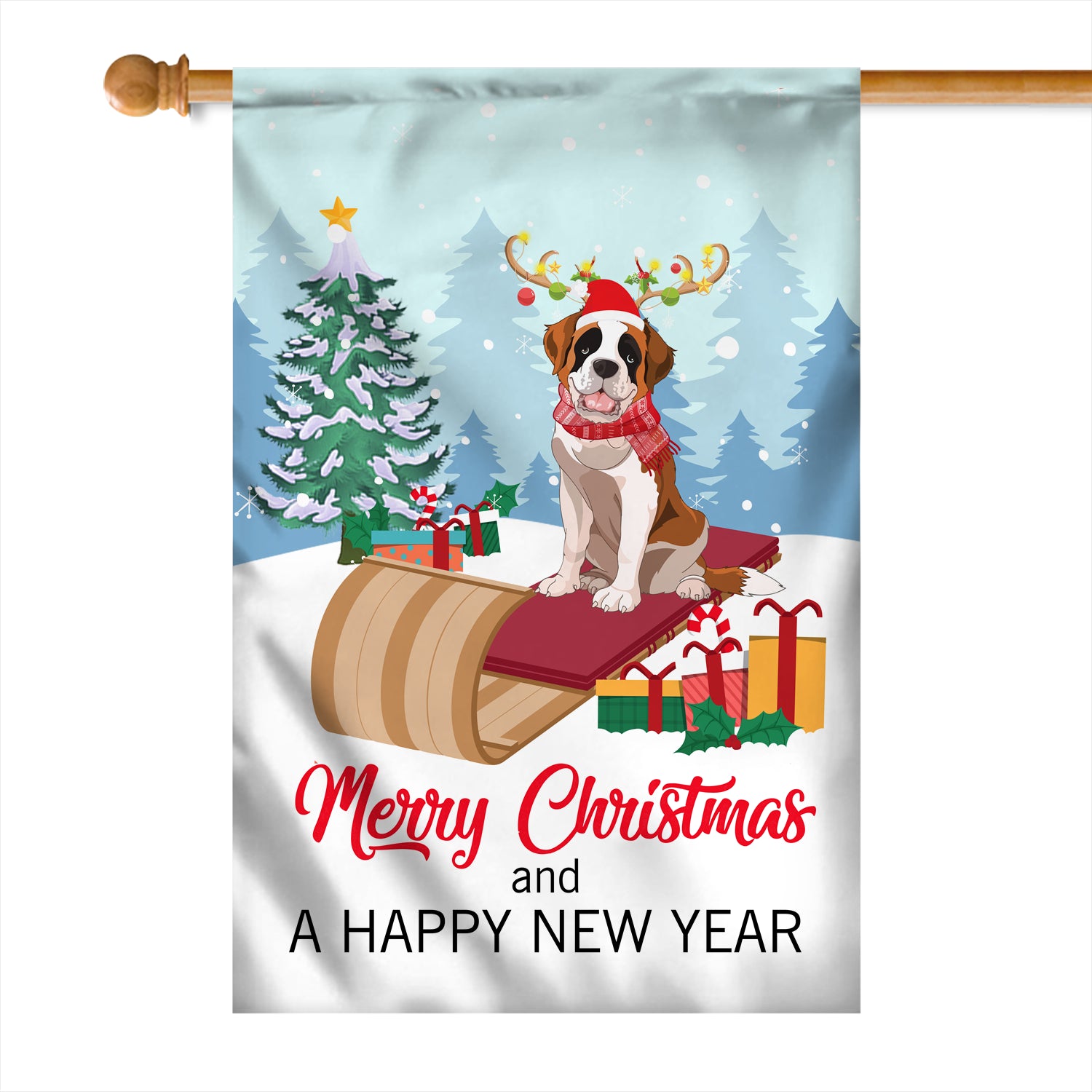 Dog Saint Bernard Christmas Flag Merry Christmas and Happy New Year Welcome Gift for Dog Lovers Flag | Teecentury.com