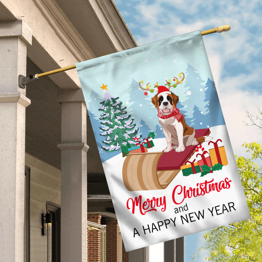 Dog Saint Bernard Christmas Flag Merry Christmas and Happy New Year Welcome Gift for Dog Lovers Flag | Teecentury.com
