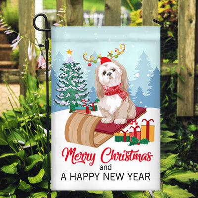 Dog Shih Tzu Christmas Flag Merry Christmas and Happy New Year Welcome Gift for Dog Lovers Flag | Teecentury.com