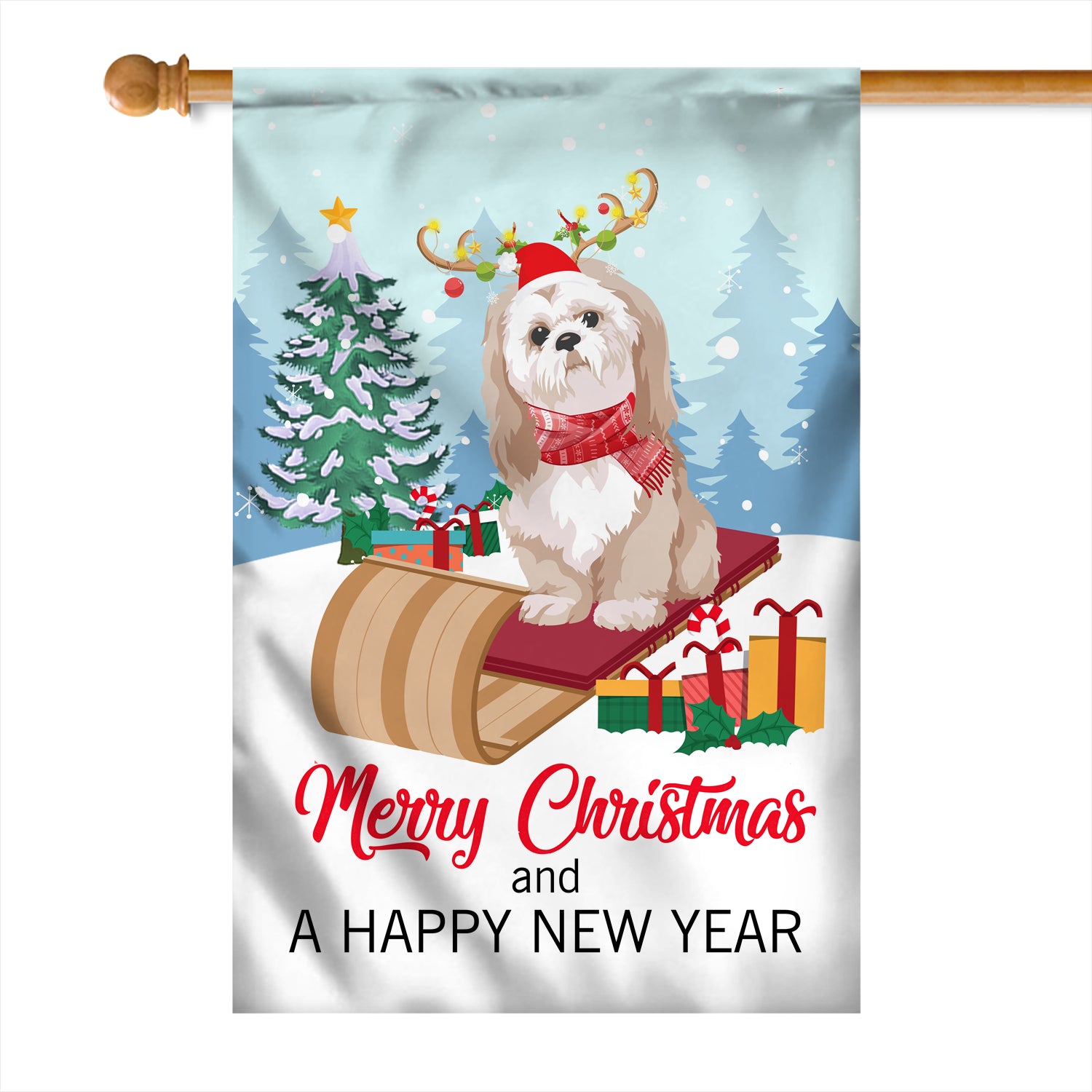 Dog Shih Tzu Christmas Flag Merry Christmas and Happy New Year Welcome Gift for Dog Lovers Flag | Teecentury.com