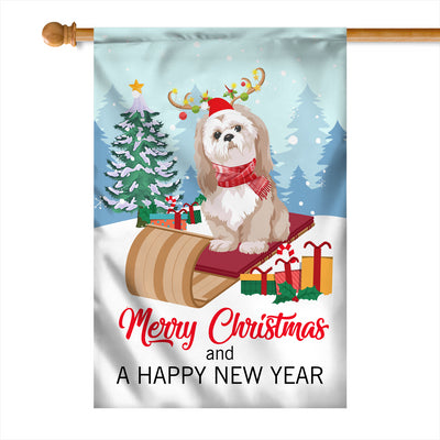 Dog Shih Tzu Christmas Flag Merry Christmas and Happy New Year Welcome Gift for Dog Lovers Flag | Teecentury.com