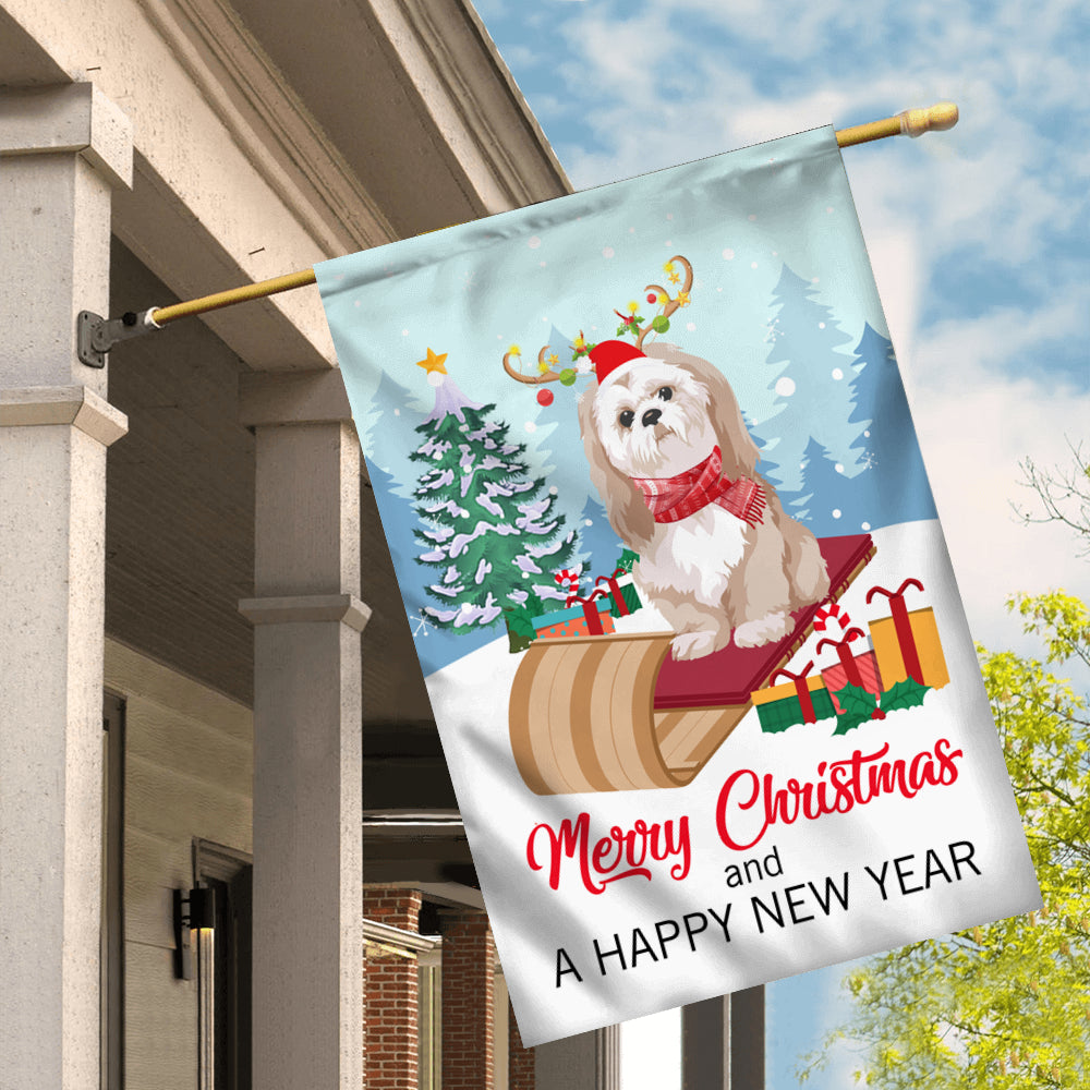 Dog Shih Tzu Christmas Flag Merry Christmas and Happy New Year Welcome Gift for Dog Lovers Flag | Teecentury.com