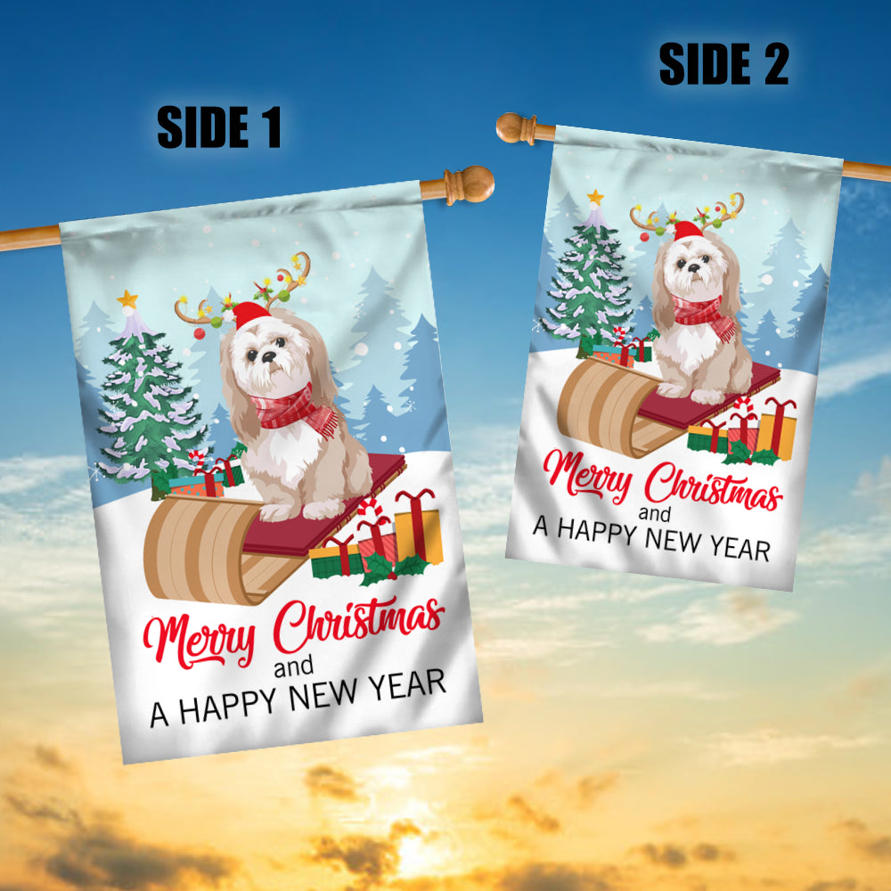 Dog Shih Tzu Christmas Flag Merry Christmas and Happy New Year Welcome Gift for Dog Lovers Flag | Teecentury.com