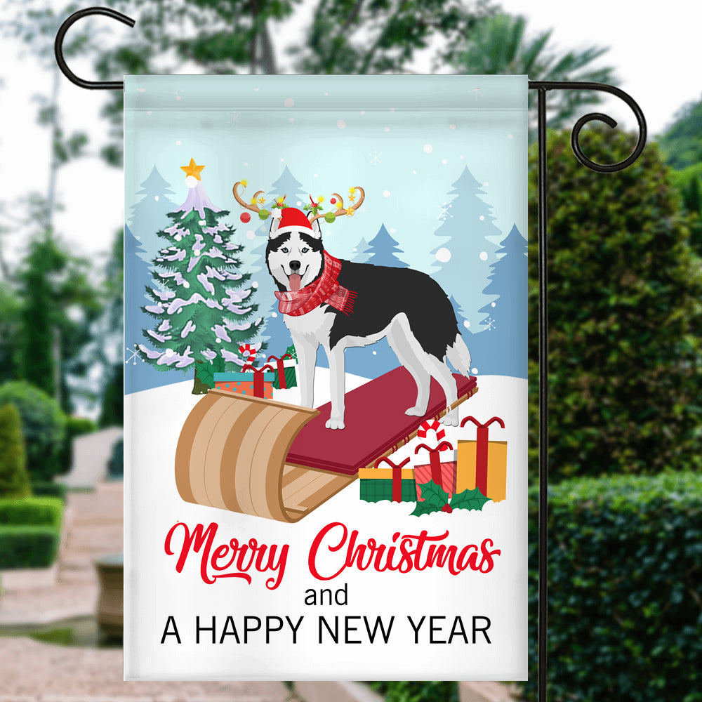 Dog Siberian Husky Christmas Flag Merry Christmas and Happy New Year Welcome Gift for Dog Lovers Flag | Teecentury.com